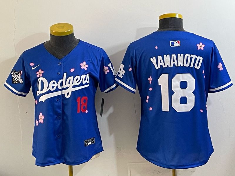 Women Los Angeles Dodgers #18 Yamamoto Blue Sakura Edition 2026 Nike MLB Jersey 003